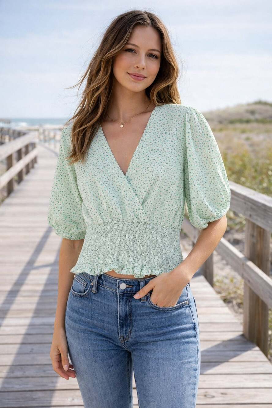 BCBGeneration Mint Green Floral Smocked Waist Surplice Top